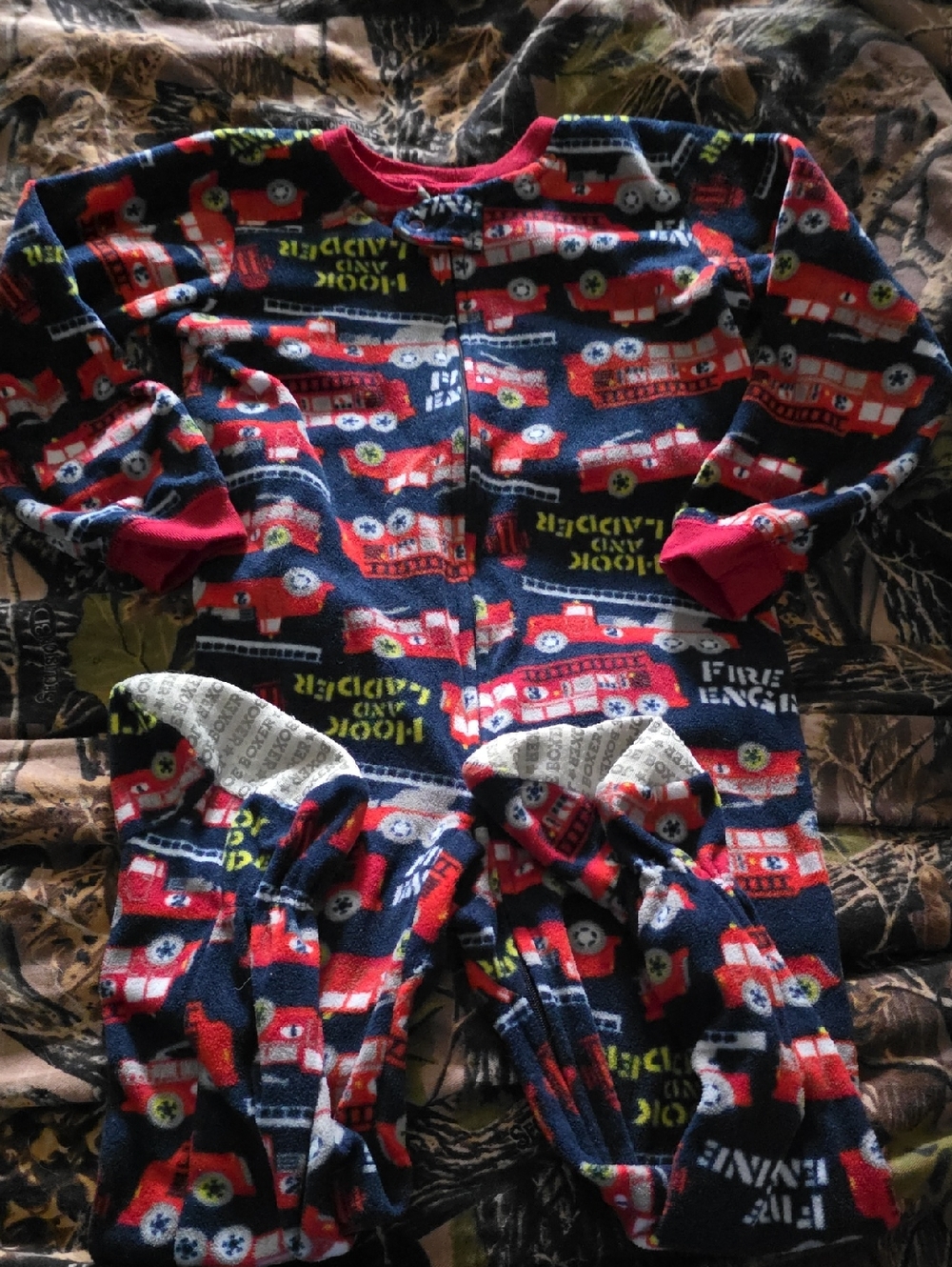 Kids Fire Truck Fleece One-Piece Pajamas - Navy & Red